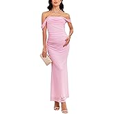 AISWI Women's Maternity Off The Shoulder Maxi Dress Mesh Ruched Bodycon Pregnancy Dresses Baby Shower Photoshoot