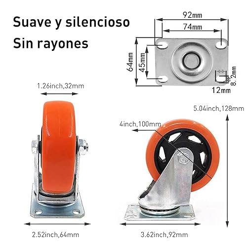 RONLADO Ruedas para Muebles Pesados,Ruedas Giratorias de Alta Resistencia con Frenos y 16 Tornillos,Juego de 4 Ruedas Giratorias de 4" (100mm) y 360°para Muebles Con Freno,Carga Máx 400kg