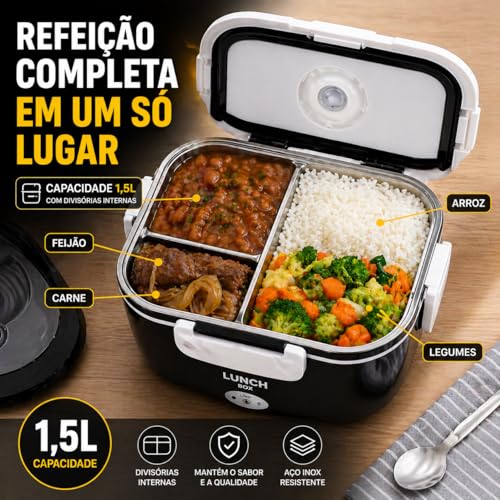 Marmita Elétrica Portátil 1,5L Bivolt e Veicular 12V | Divisórias internas, tampa vedada, térmica, trabalho, viagens, livre de BPA, refeições aquecidas