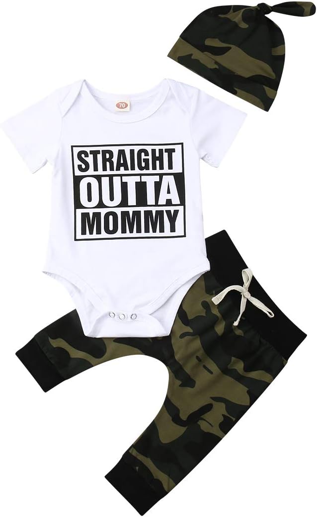 3PCS Baby Boy Girl Clothes Letter Print Romper Long Sleeves Jumpsuit Camouflage Pants Hat Clothing Outfits
