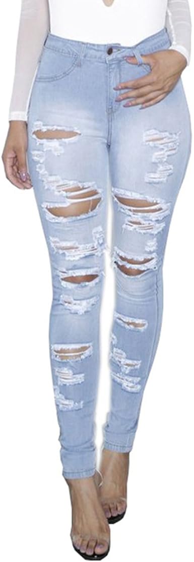 Geurzc Jeans Taille Haute Femmes Dechire Trous Skinny Slim Stretch Denim Pantalons Collant Crayon Pantalon Pour Femme Bleu Clair S M L Xl 2xl Amazon Fr Vetements Et Accessoires
