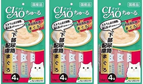 Ciao INABA Churu Lickable Cat Treats, Urinary Tract Care, Tuna Pack of 3 (4 Tubes × 14g Each) [Japan Import]