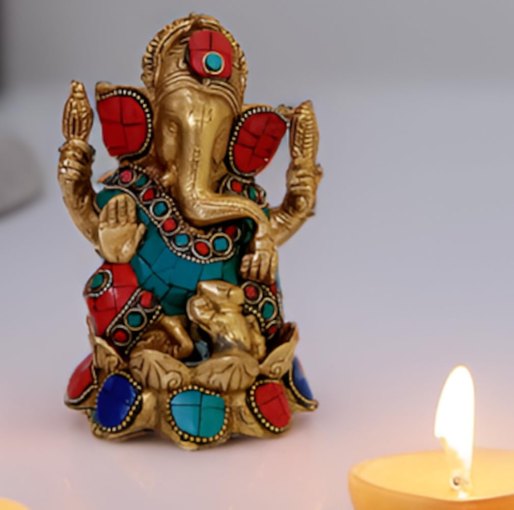 Purpledip Ganesha Statue (Seated on Lotus Flower) in Antique Style: Casted In Brass with Coloured Gemstones (10017)