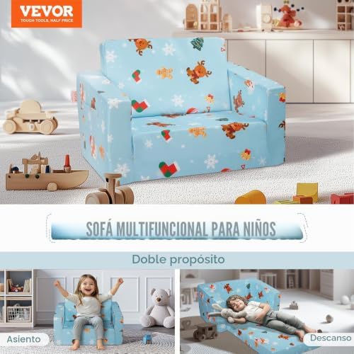 Silla de Bebé Plegable 2 en 1, Sofá Cama para Niños Pequeños, Sofá de Espuma Suave y Cómodo, Tumbona Convertible para Bebé, Asiento de Silla con Dibujos Animados, Azul, 1040 x 580 x 320 mm