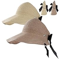 Straw Beach Sun Visor Hats for Women Foldable Floppy (Straw-Bk-2 Pack-Khiki/Beige)