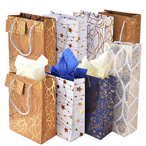 Christmas Gift Bags Bulk - Set of 16: 12 Assorted Medium Size Bags with Rope Handles + 2 Wine Bags + Tissue Paper + 12 Cards