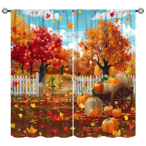 KANEPE Fall Curtains, Autumn Leaves Pumpkin Car Thanksgiving Day Pattern Window Treatments, Rod Pocket Thermal Insulated Drapes 2 Panel Sets for Bedroom Living Room, 42" W X 45" L【Decor】 at Amazon