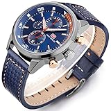 Minifocus Men's Quartz Watches Leather Straps Fashion Function Wristwatch Sapphire Blue