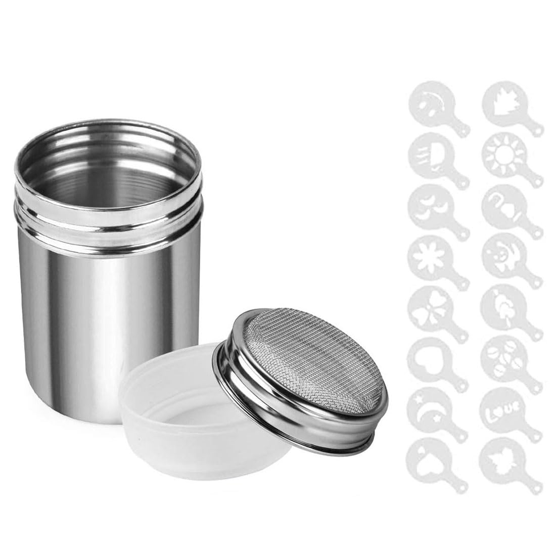 Chocolate Shaker Stainless Steel Duster Dredges Cans Coffee Sprinkles Powder Set Cocoa Cinnamon Powder Can with 16 Coffee Molds Stencils for Kitchen Baking Cooking Cappuccino Coffee Latte Coffee