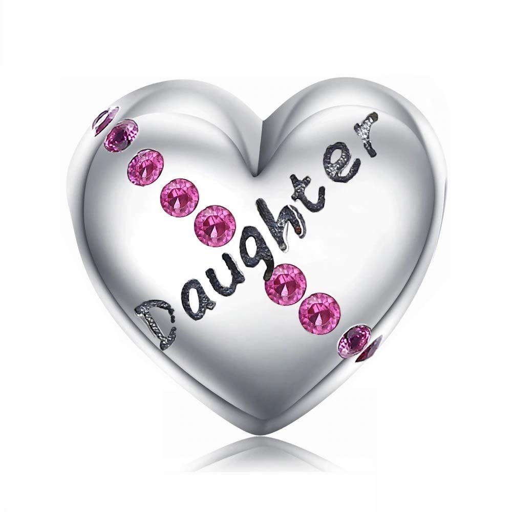 FeatherWish Daughter Love Heart Family Pink Charm 925 Sterling Silver With Pink Cubic Zirconia Fits And Compatible With Pandora Bracelets Gift For Birthday Christmas Mum Sister Friend (Daughter)