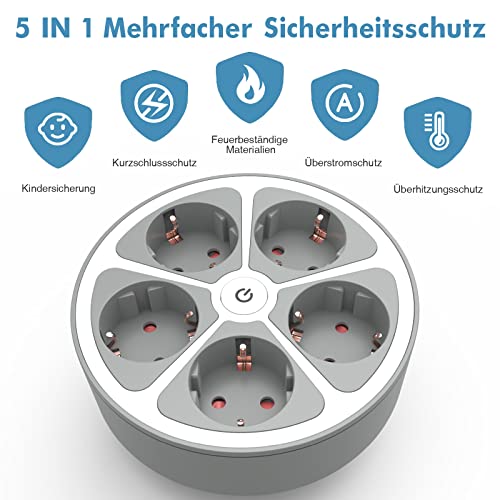 RealMade Steckdosenleiste 5 Fach, Mehrfachsteckdose mit Schalter, Verteilersteckdose Mit Kindersicherung, 1,5m Kabel Runde Mehrfachstecker, Steckerleiste für Büro Zuhause, Weiß+Grau