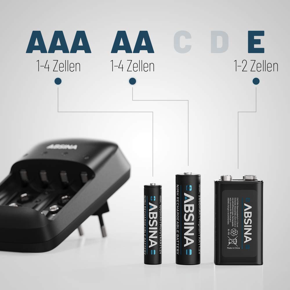 ABSINA Akku Ladegerät AA AAA & 9V - NiMH Batterieladegerät AAA AA & 9V Block 4-Fach für wiederaufladbare Batterien - Akkuladegerät - Battery Charger - Batterie Aufladegerät 3