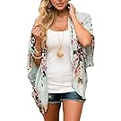 Floral Season Women Floral Kimono Loose Half Sleeve Shawl Chiffon Casual Cardigan Green Large