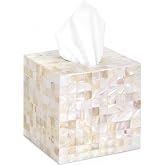 PEMAR Mother of Pearl Square Tissue Box Cover, Handcrafted White 5.5" Cube | Genuine natural shell; Handcrafted square mosaic; Secure sliding bottom; Fits max 4.7" refills; Versatile home decor accent