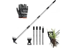 150CM Long Handle Weed Remover Tool with a Pair of Gloves,2 in 1 Hand Weed Rake and Hoe Garden Weeder Tool,Uprooting Weeding 