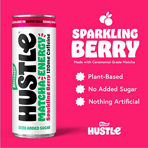 MatchaBar Hustle Sparkling Matcha Energy Drink, Berry, 12oz, Pack of 12
