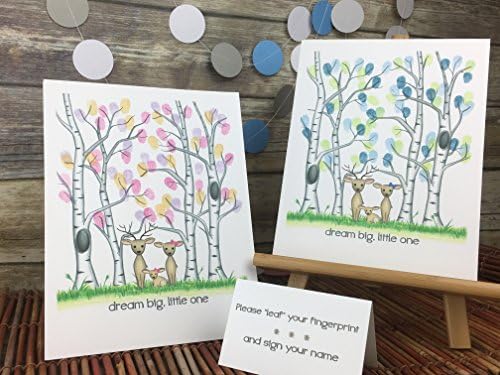 Customizable fingerprint tree guestbook featuring a deer family in green grass and a birch tree forest