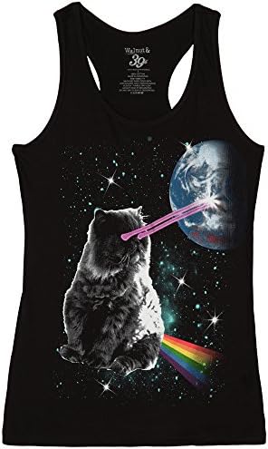 Space Cat Laser Eyes Juniors Tank Top-Black (Medium)