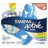 Tampax Pearl Active Plastic Tampons, Multipack, Light/Regular/Super Absorbency, Unscented, 204 Count (Pack of 6) (Packaging May Vary)