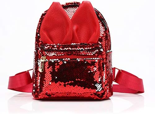 Magic Reversible Sequins Backpack with Cute Rabbit Ears Schoolbag Shoulder Bag Mini Backpack Purses for Girls Women (Red)