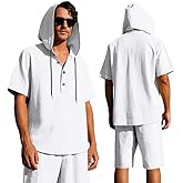Lingt Chic Men's 2 Piece Linen Outfits Short Sleeve Hooded Shirt and Beach Shorts Set Casual Summer Matching Set