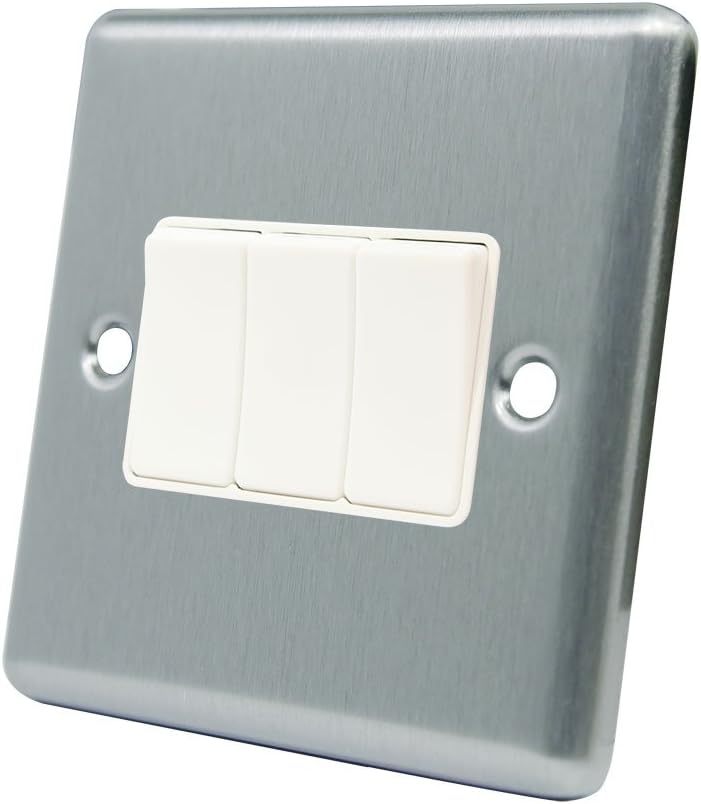 AET CSC3GSWIWH Satin Chrome Classical White Insert Plastic Rocker Switches-10 Amp Triple 3 Gang 2 Way Light Switch, 240 V