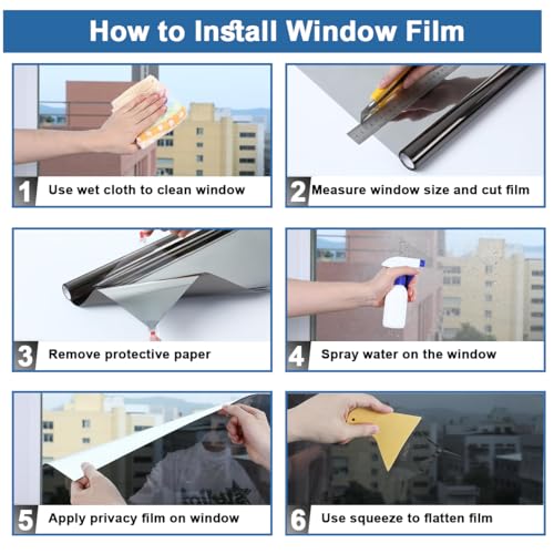 Window Film 50x500cm, Non-Adhesive Heat Insulation One-Way Privacy Mirror | UV Blocking Daytime Privacy Window Tint Dual Side Reflective Glass Film for Home & Office, Smooth Glass Door, DIY