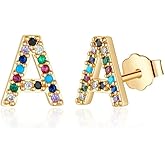 Memorjew Initial Stud Earrings for Women, Hypoallergenic 925 Sterling Silver Post Rainbow Cubic Zirconia 14K-Gold-Plated 26 Initial Earrings for Women Jewelry Gifts