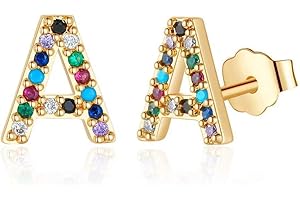 MEMORJEW Initial Stud Earrings for Girls Women, Hypoallergenic 925 Sterling Silver Post Rainbow Cubic Zirconia Gold Plated 26 Initial Earrings for Girls Women Jewelry Gifts