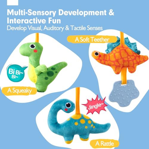 hahaland Prams Toys Babies 0 3 6 Months, Spiral Baby Carriage Hanging Toys Babies 6-12 Months, Plush Dinosaurs with Sounds Interactive Gifts for Baby