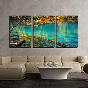 3 Piece Canvas Wall Art - Lake in Jiuzhaigou National Park - Modern Home Art Stretched and Framed Ready to Hang - 16"x24"x3 Panels