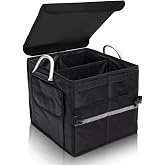 Tongketec Small Trunk Organizer With Lid, For SUV Car Truck, Black 28L, Foldable Waterproof Oxford Fabric, 2-Compartments With Aluminium Alloy Handle