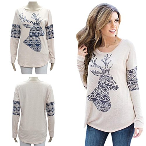 UNKE Women's Long Sleeve Christmas Reindeer Printed Sweatshirt Blouse Top T-Shirts,L