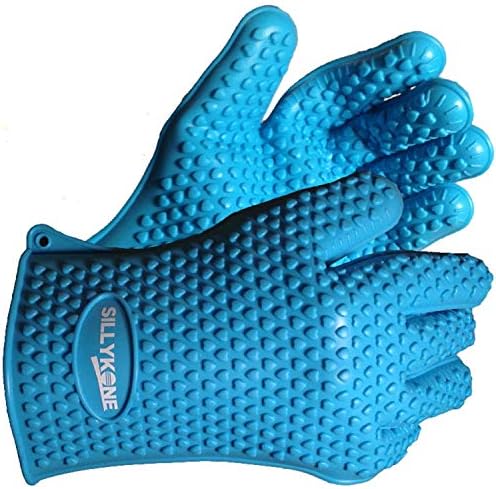 SillyKone Heat Proof Gloves - Extra Thick 100% Waterproof Resistant Silicone 5 Finger BBQ Grill Glove- Pot Holder Cooking Mitts,Baking,Grilling, Barbecue, Microwave Oven. Easy Clean,Dishwasher Safe