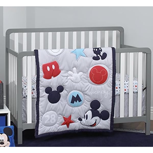 Disney Amazing Mickey Mouse 3 Piece Nursery Crib Bedding Set Grey Navy Red Blue
