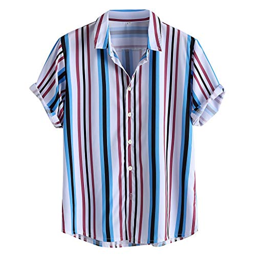 haoricu Men's Summer V Neck Shirts Casual Loose Stripes Print Short Sleeve Button Up Shirts Blouse Tops