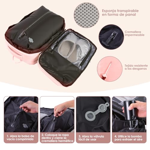 Viaje de Mochila al Vacío con Bombas Aire Eléctricas, 36-55L Expandible, Separación húmeda y seca, con Bolsa de Aire Antirrobo para Viajes