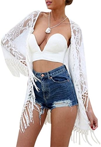 OLYR Womens Kimono Cardigan Sheer Loose Blouse Tops Sexy Tassel Beachwear Bikini Swimsuit Cover up