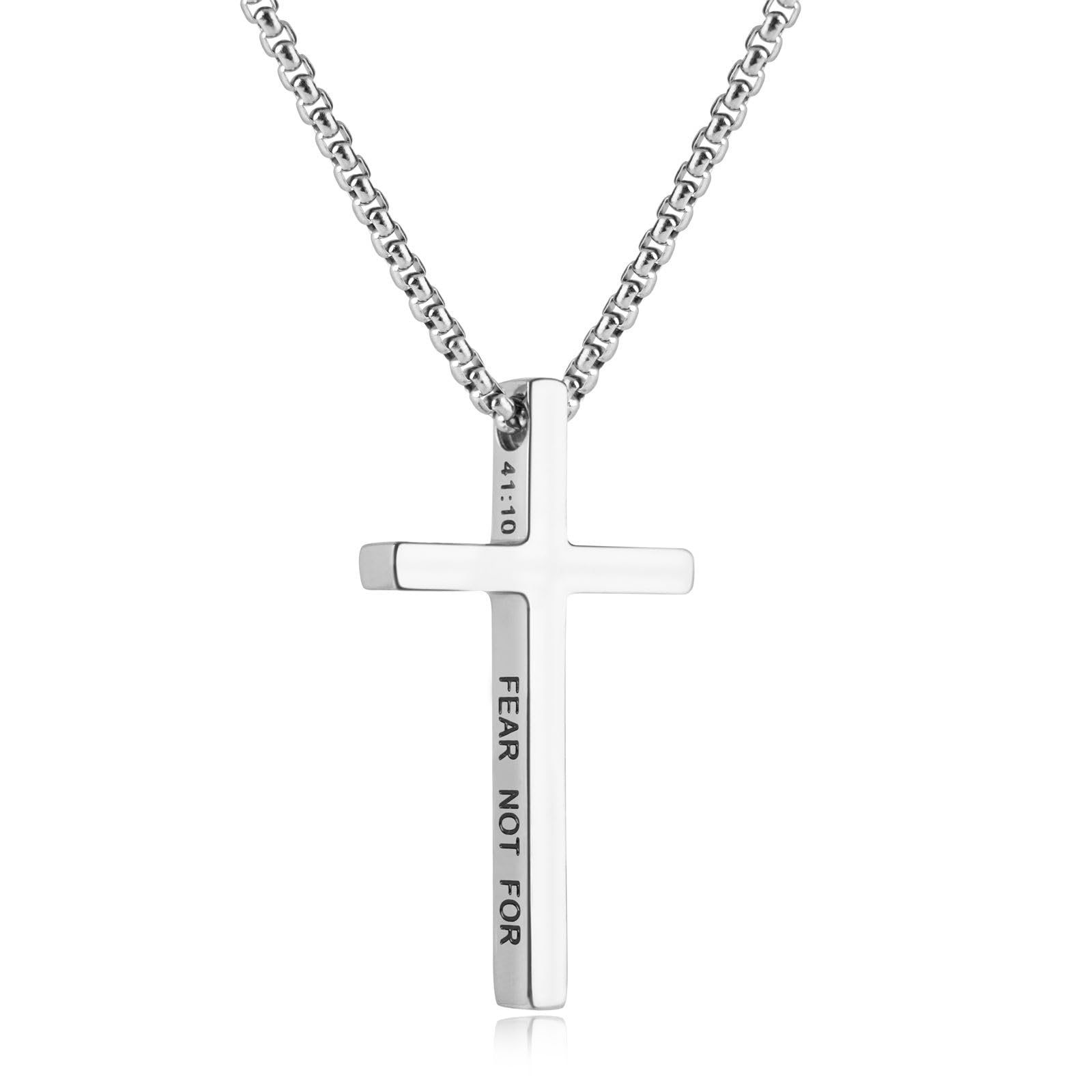 Pivza Cross Necklace for Men Women, Silver Cross with Engraved Bible Verse Isaiah 41:10, 22 Inch Box Chain in Durable 316 Stainless Steel Cross Necklace