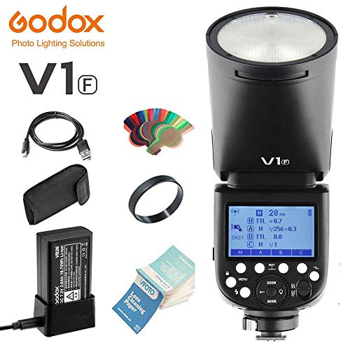 Godox V1F Flashes avec tête Ronde, 1/8000 HSS, 480 Prises à Pleine Puissance, Batterie Interchangeable Lithium 2600mAh Compatible pour Appareil Photo série Fuji