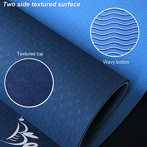 Beego Yoga Mat 1/4 inch Eco Friendly TPE Non Slip Yoga Pilates and Floor Exercise Mat with Carrying Strap (Blue)