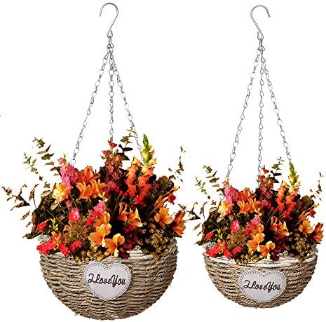 Hanging Baskets Planters Wall Flower Vases Decorative Artificial Handmade Straw Pots for Home Decor - Set of 2 HakkaGirl