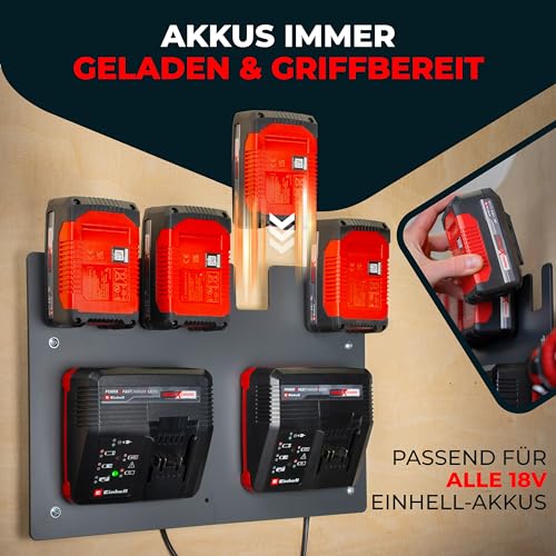 Wandfest Wall Mount for Einhell Batteries and Chargers, The Original, Glossy and Matt Side, Made in Austria, Robust Einhell Battery Holder for 1–4 Batteries