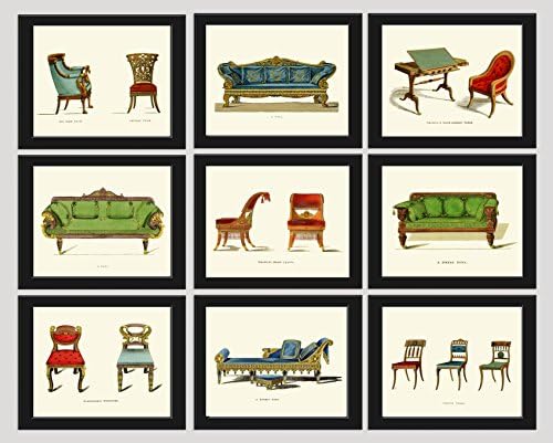 Blue Red Green Sofa Chair Antique Furniture Print Set of 9 Prints Beautiful Home Room Decor Wall Art Unframed RAD