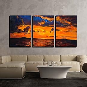 3 Piece Canvas Wall Art - Original Oil Painting of Ocean and Cliffs on Canvas.Rich Golden Sunset Over Ocean - Modern Home Art Stretched and Framed Ready to Hang - 16"x24"x3 Panels