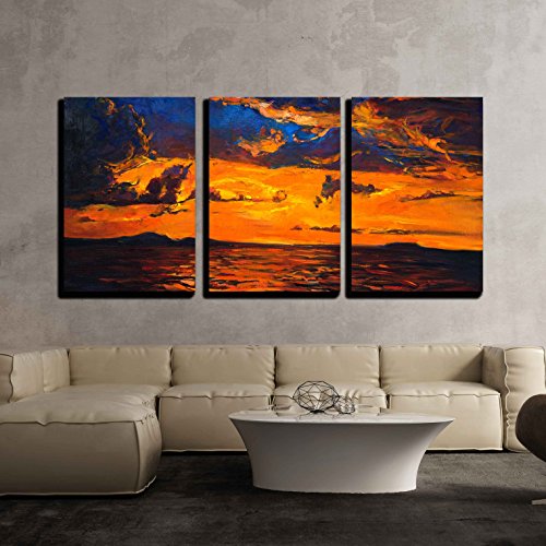 wall26 - 3 Piece Canvas Wall Art - Original Oil Painting of Ocean and Cliffs on Canvas.Rich Golden Sunset Over Ocean - Modern Home Art Stretched and Framed Ready to Hang - 24"x36"x3 Panels