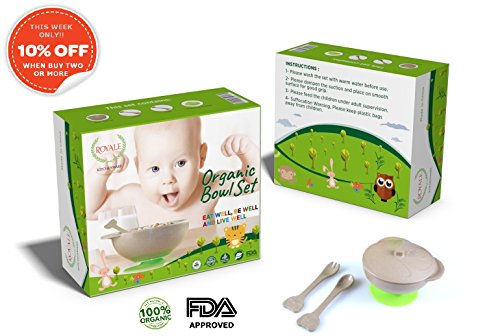 5 pieces Toddler Infant ORGANIC Spill Proof Stay Put Suction Bowl Including Lid spoon and Fork Eco Friendly Biodegradable FDA Approved BPA Free .FREE eBook included