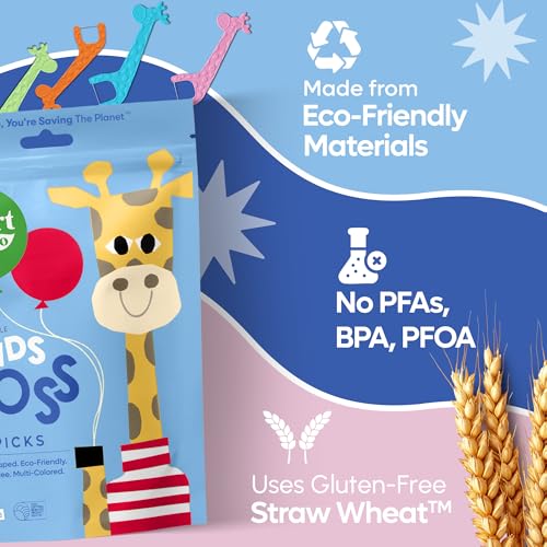 SmartLifeco Eco-Friendly Kids Flossers (200ct) - Dental Floss Picks for Children Made with Straw Wheat, Fluoride & PFA Free, Toothpick Flossing Sticks for Toddler Teeth, No Shred Thread, Unflavored