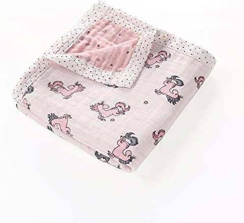 Ultra Soft Double-Layer Pure Cotton Muslin Swaddle Blanket, 47"x47", Pink Unicorn Print, Baby Swaddle Wrap, Receiving Blankets, Burping Cloth & Stroller Cover, Perfect Baby Shower Gift for Boys Girls