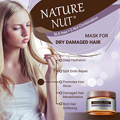 Nature Nut Hair Mask for Dry & Damaged Hair - Hypoallergenic Deep Conditioner ˡ Moisturizing Repair Treatment Masque with Five Nut Hydrating Formula (8.45 FL OZ)
